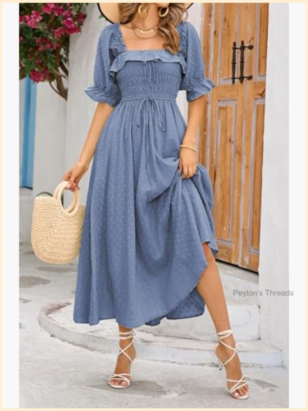 Square Neck Midi Dress Puff Sleeve Smocked Elastic Waist - Picture 3 of 7